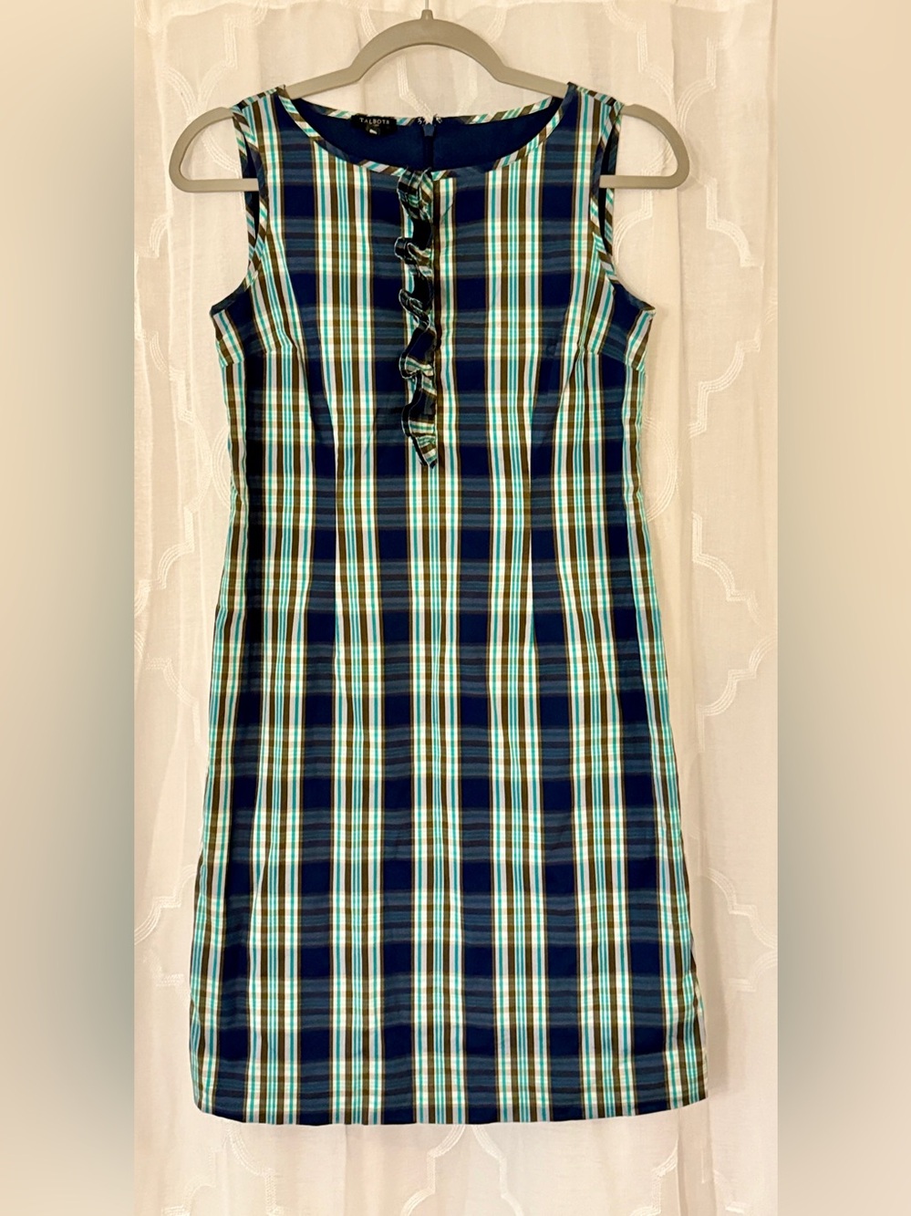 Talbots Petite 2 Navy Teal Plaid Sleeveless Mini Dress | Button Ruffle Front